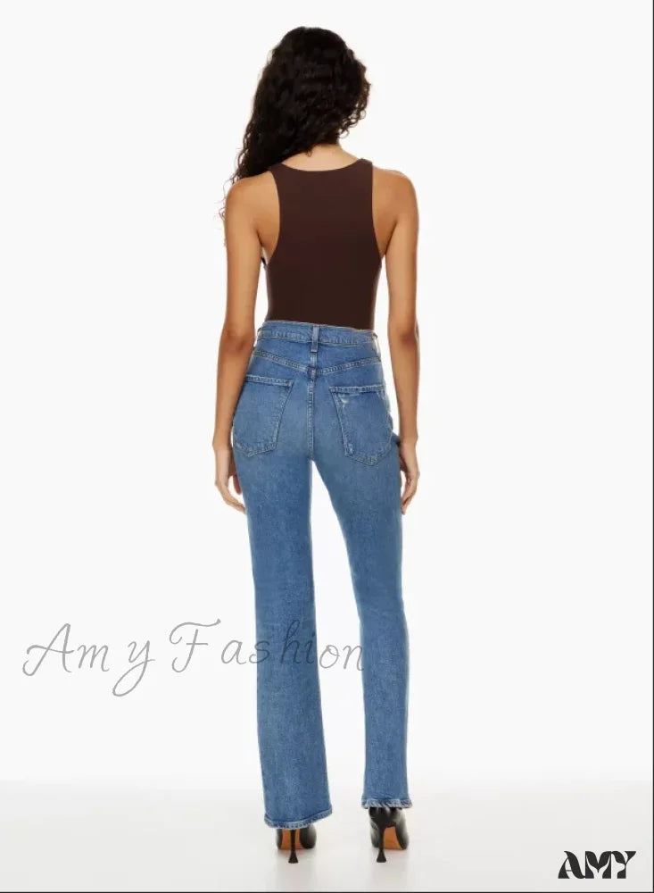 Amy Fashion - High Waist Loose Ripped Holes Streetwear Straight Ladies Denim Jean