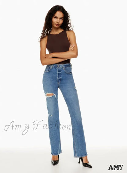 Amy Fashion - High Waist Loose Ripped Holes Streetwear Straight Ladies Denim Jean Blue / S