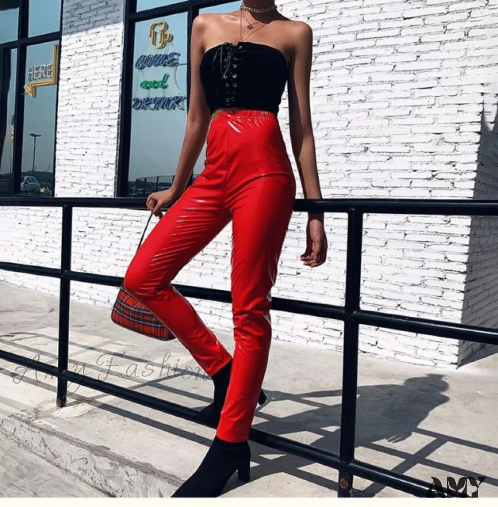 Amy Fashion - High Waist Skinny Fitness Casual Pants Red / S