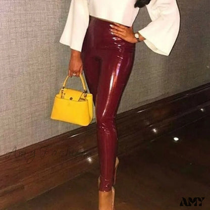 Amy Fashion - High Waist Skinny Fitness Casual Pants Wine Red / S