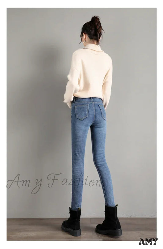 Amy Fashion - High Waist Skinny Korean Casual Stretch Woman Sexy Leggings Trousers Jean Retro Blue