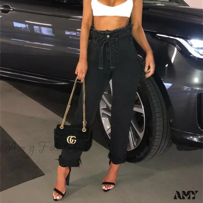 Amy Fashion - High Waist Women Streetwear Sexy Harem Stretch Mom Black Jean