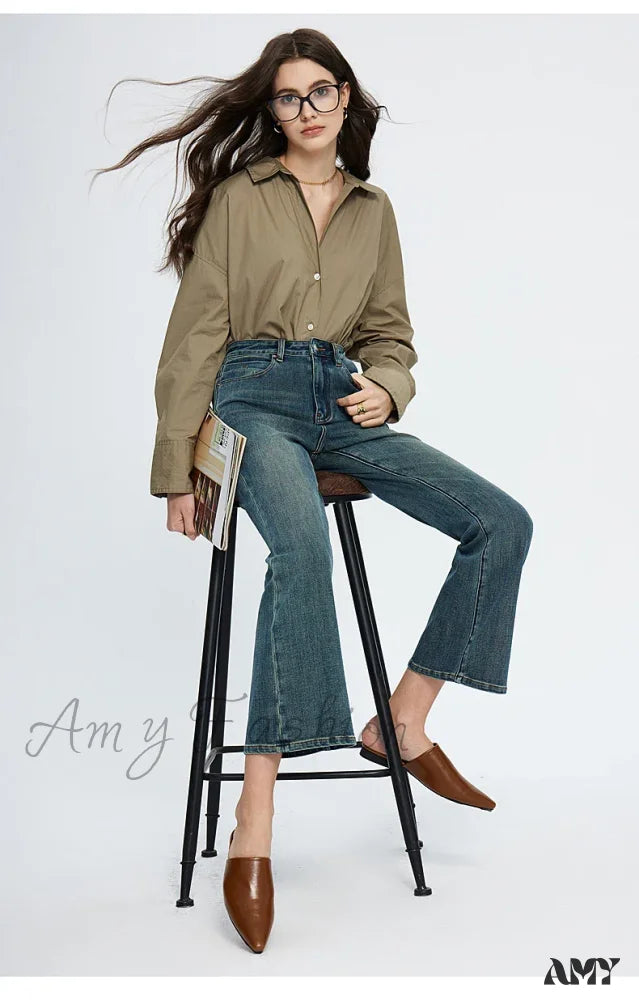 Amy Fashion - High Waisted Flare Skinny Strench Vintage Streetwear Denim 2024 Korean New Jean
