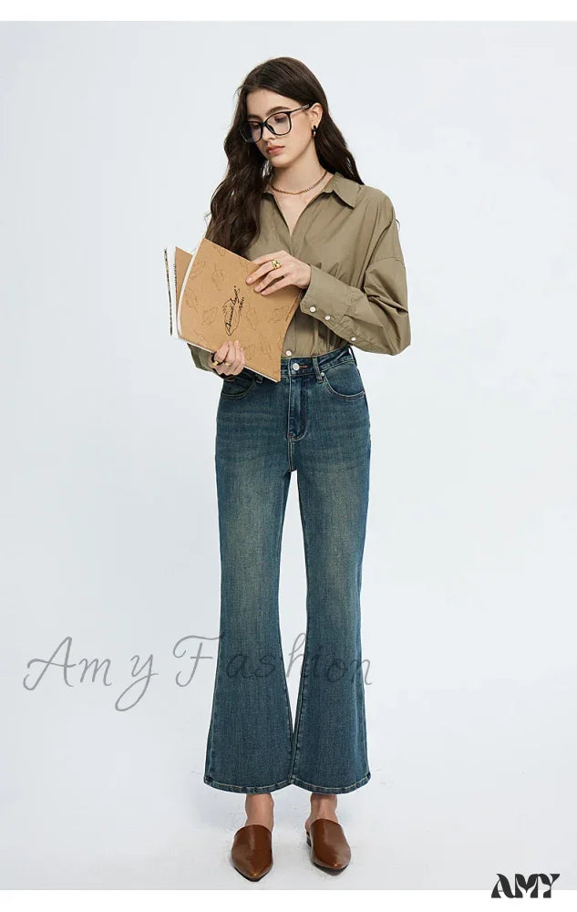 Amy Fashion - High Waisted Flare Skinny Strench Vintage Streetwear Denim 2024 Korean New Jean