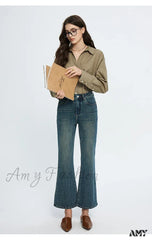 Amy Fashion - High Waisted Flare Skinny Strench Vintage Streetwear Denim 2024 Korean New Jean