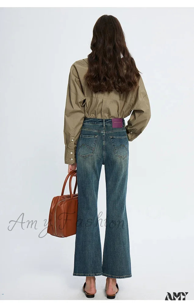 Amy Fashion - High Waisted Flare Skinny Strench Vintage Streetwear Denim 2024 Korean New Jean Blue