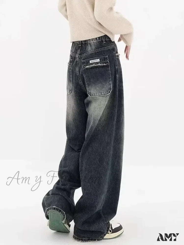 Amy Fashion - High Waisted Wide Leg Slim Ruffled Street Mop Jean