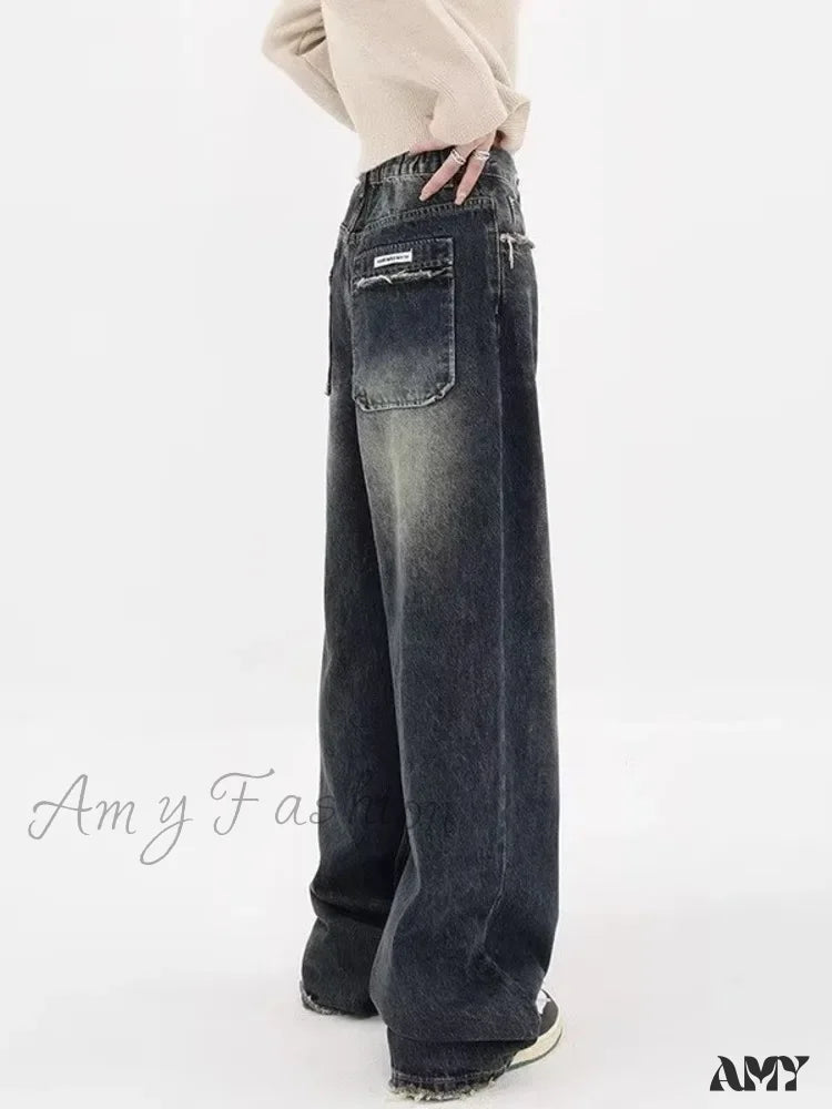 Amy Fashion - High Waisted Wide Leg Slim Ruffled Street Mop Jean