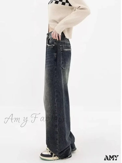 Amy Fashion - High Waisted Wide Leg Slim Ruffled Street Mop Jean