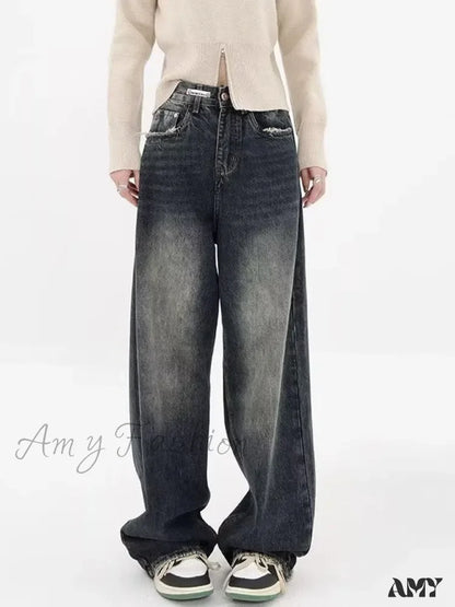 Amy Fashion - High Waisted Wide Leg Slim Ruffled Street Mop Jean