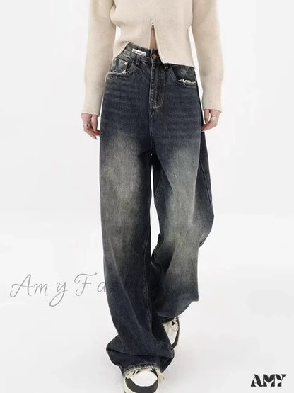 Amy Fashion - High Waisted Wide Leg Slim Ruffled Street Mop Jean Retro Blue / S