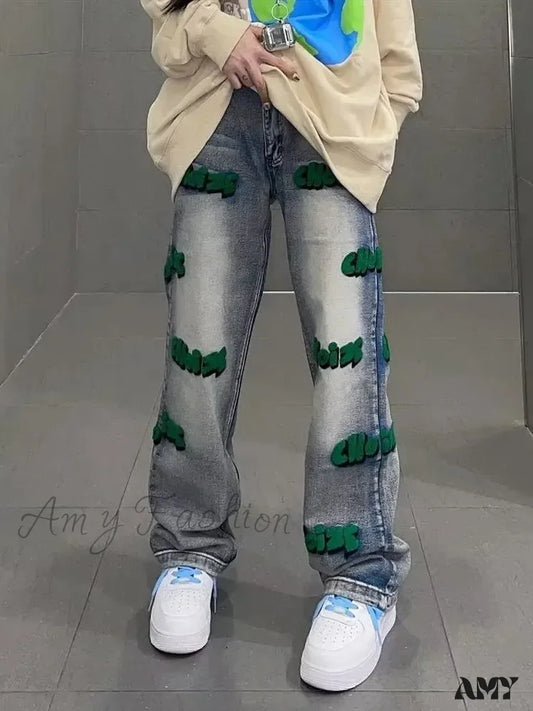 Amy Fashion - Hiphop Flocking Autumn Wide-Leg Embroidery High Street Style Pants Jean Blue / S