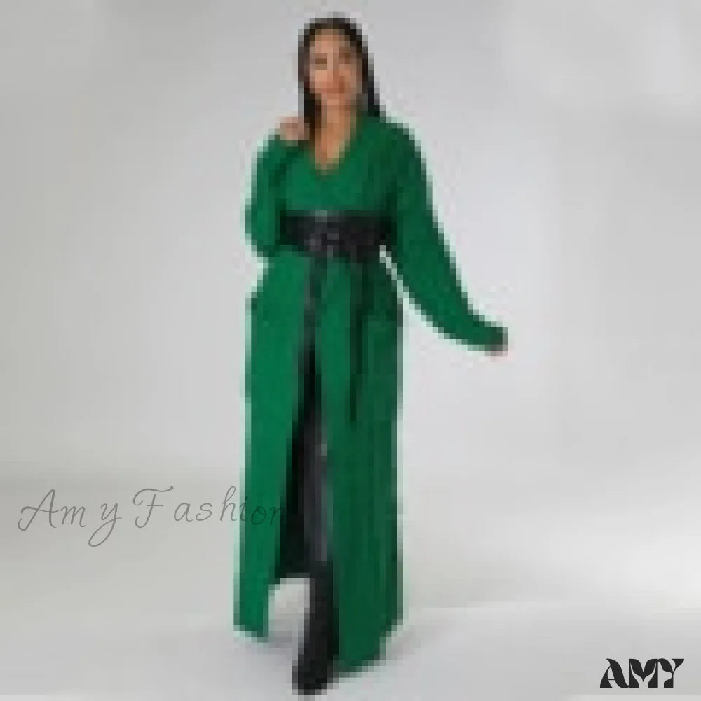 Amy Fashion - Hirigin Cardigan Pockets Sweater Long Women Warm Green / L