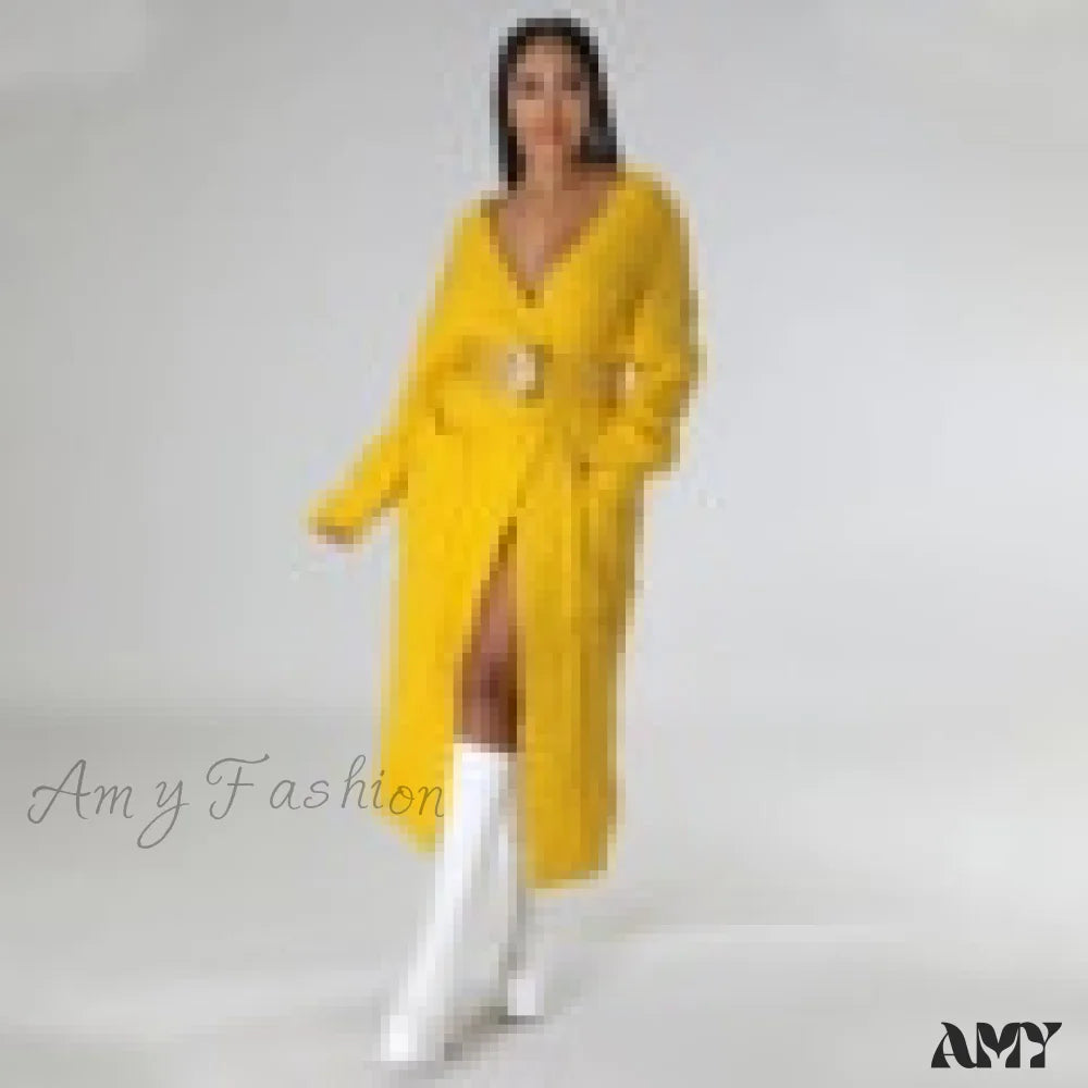 Amy Fashion - Hirigin Cardigan Pockets Sweater Long Women Warm Yellow / Xl