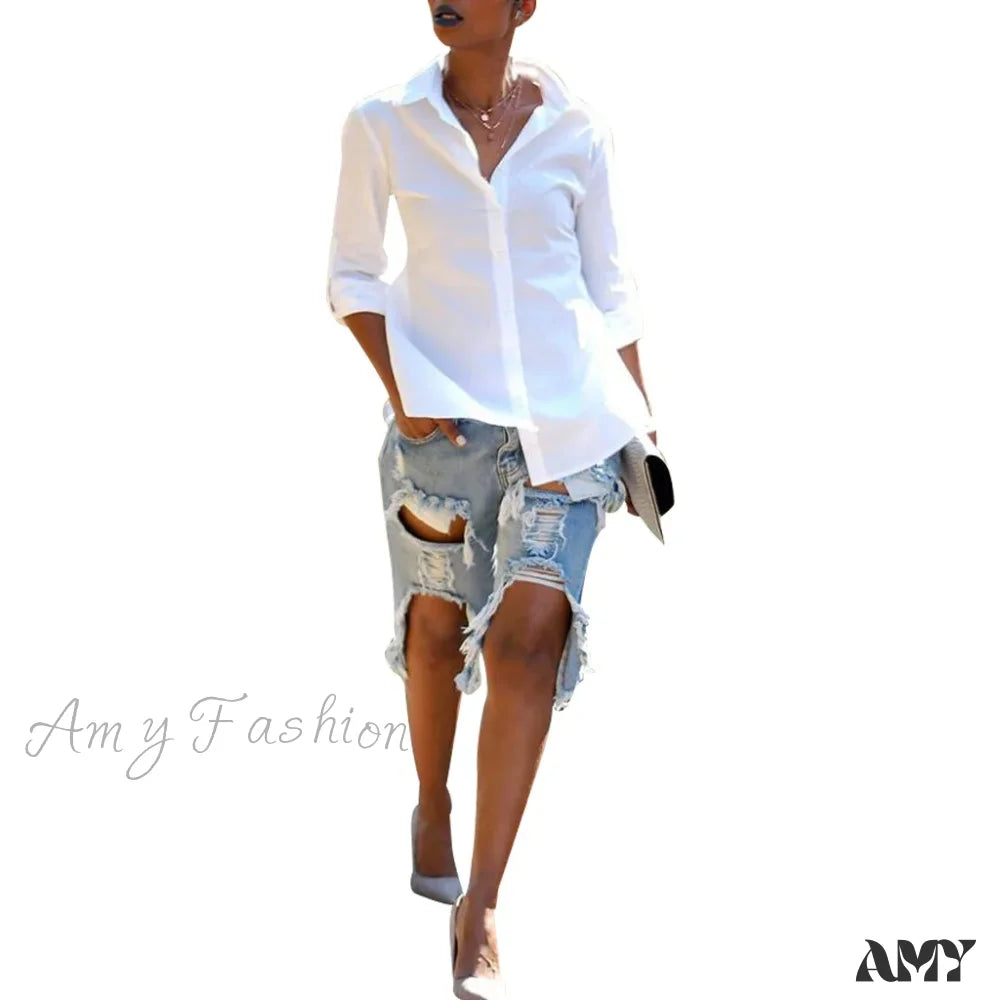 Amy Fashion - Holes Ripped Straight Denim Shorts Summer Streetwear Knee Length Women High Waist