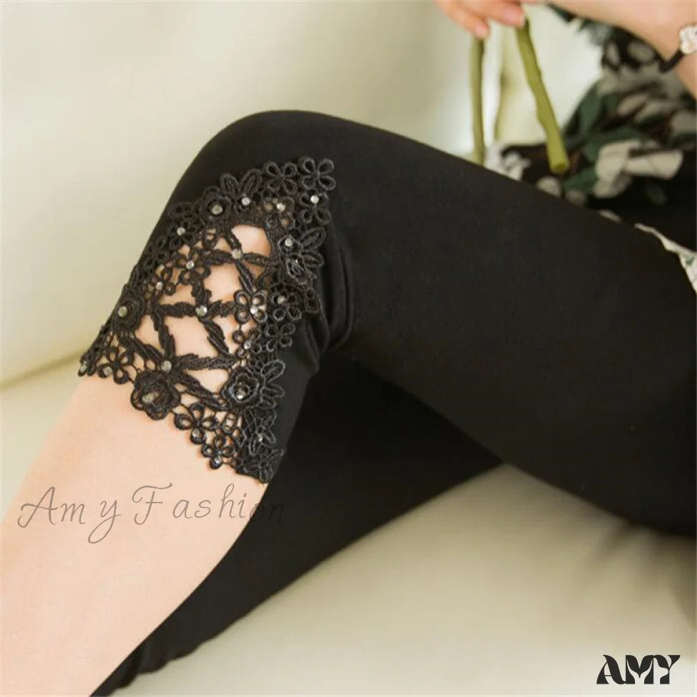 Amy Fashion - Hollow Lace Stretch Leggings Diamond Black / S