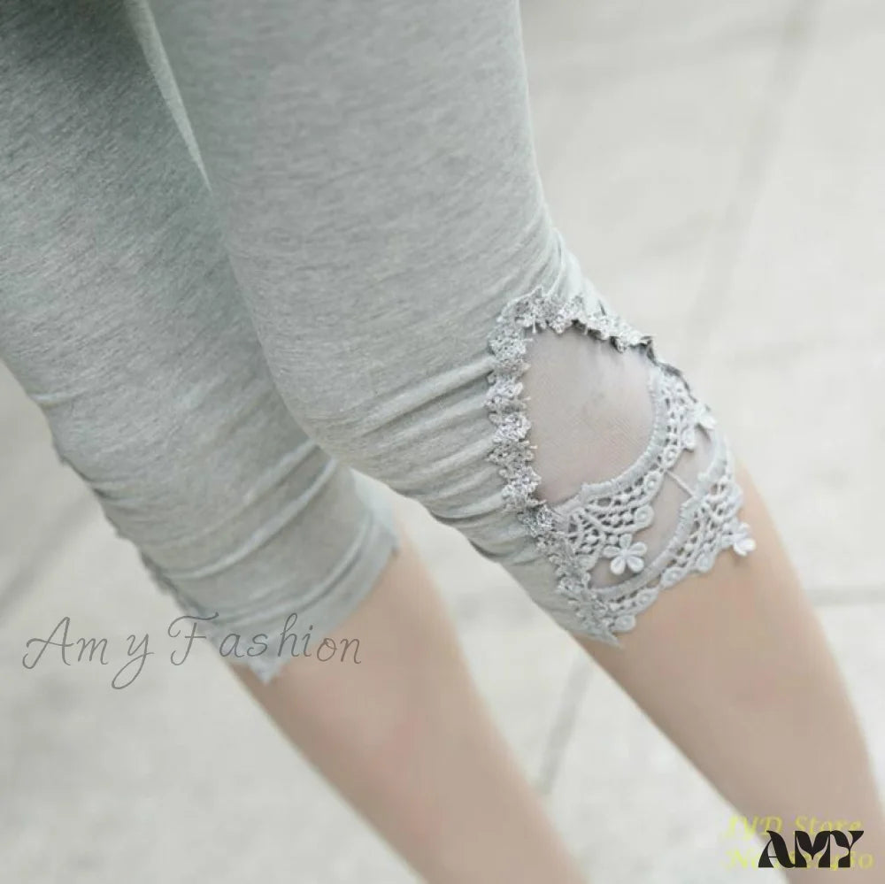 Amy Fashion - Hollow Lace Stretch Leggings Gray / S