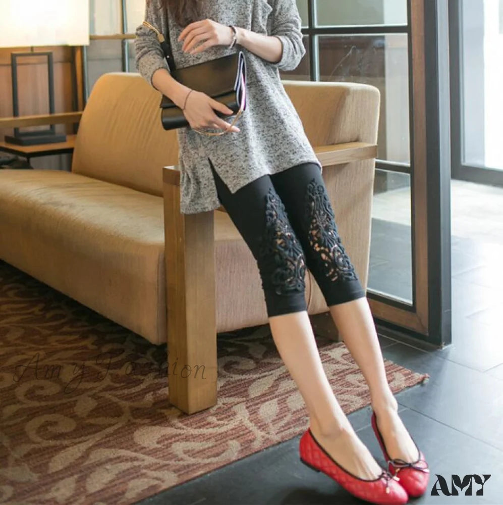 Amy Fashion - Hollow Lace Stretch Leggings Out Black / S