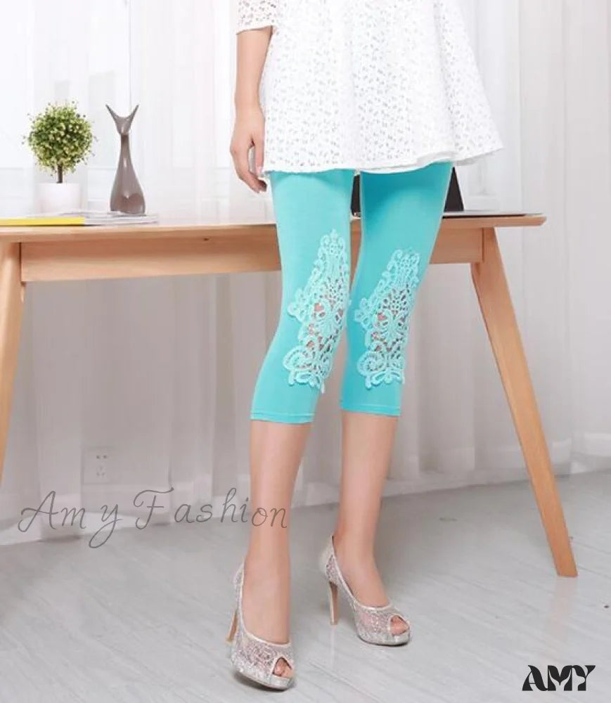 Amy Fashion - Hollow Lace Stretch Leggings Out Blue / S