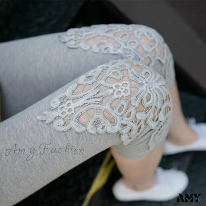 Amy Fashion - Hollow Lace Stretch Leggings Out Gray / S