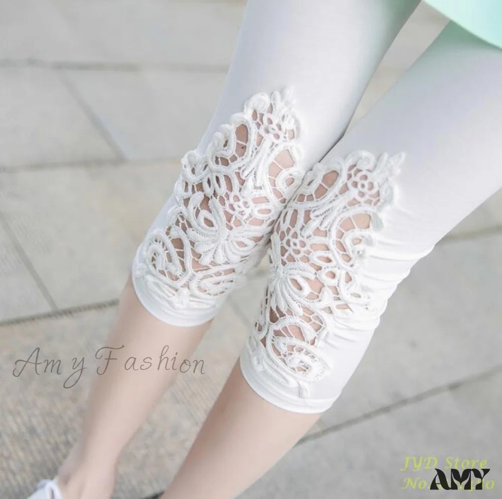 Amy Fashion - Hollow Lace Stretch Leggings Out White / S