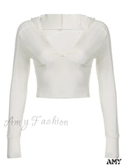 Amy Fashion - Hooded Ribbed Long Sleeve Deep V Neck Solid Color Slim Fit T-Shirts