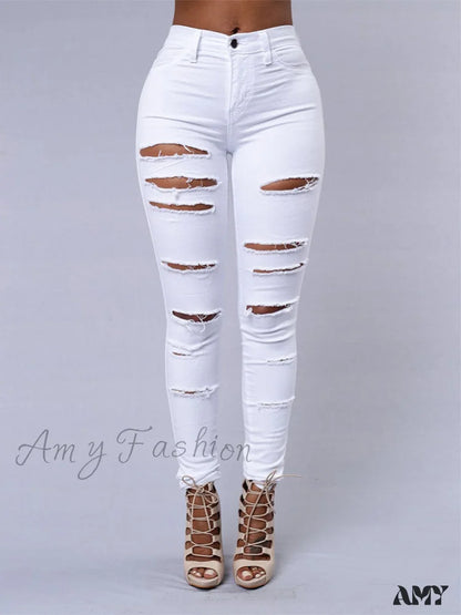 Amy Fashion - Hot Sale Ripped Jeans White / S