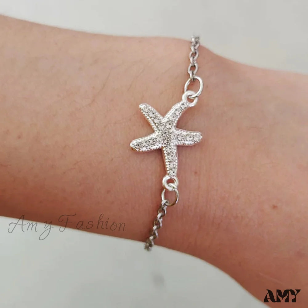 Amy Fashion - Hot Selling Full Diamond Starfish Bracelet Silver