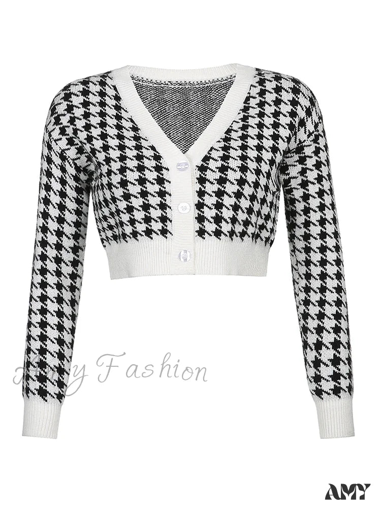 Amy Fashion - Houndstooth Print Vintage Cropped Cardigan