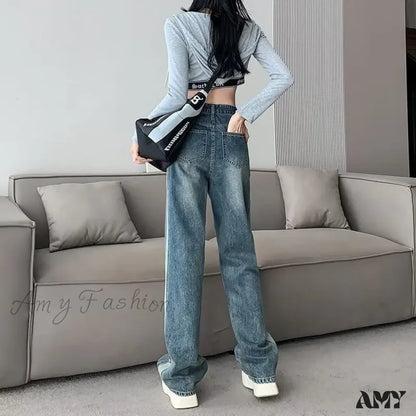 Amy Fashion - Ins Zipper Versatile Japanese Washable New Style Spring And Autumn Natural Waist Wide