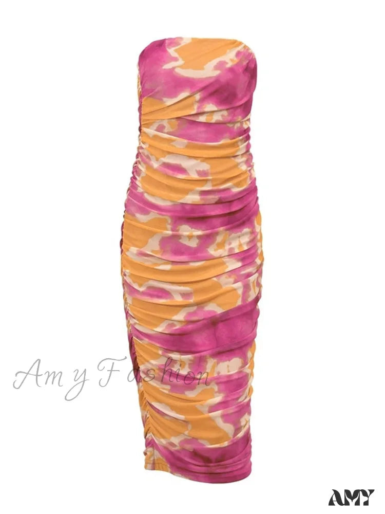 Amy Fashion - Irregular Tie Dyeing Print Tube For Women Summer Beach Party Clubwear Strapless Off