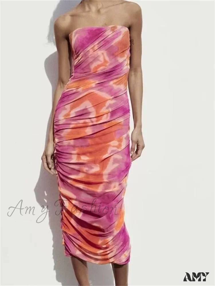 Amy Fashion - Irregular Tie Dyeing Print Tube For Women Summer Beach Party Clubwear Strapless Off