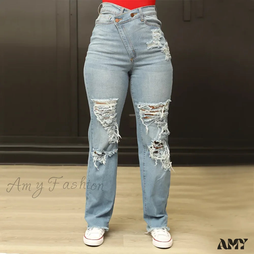 Amy Fashion - Irregular Waist Straight Leg High Street Loose Ripped Holes Casual Stretchy Jean