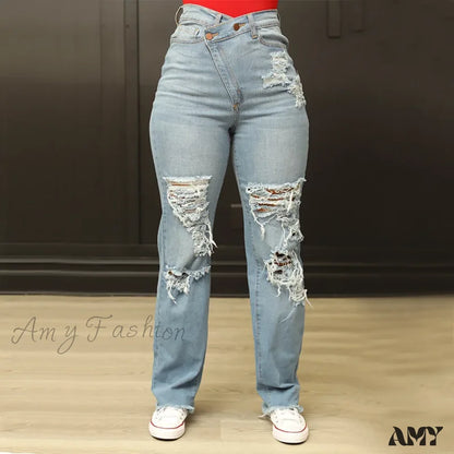 Amy Fashion - Irregular Waist Straight Leg High Street Loose Ripped Holes Casual Stretchy Jean Blue