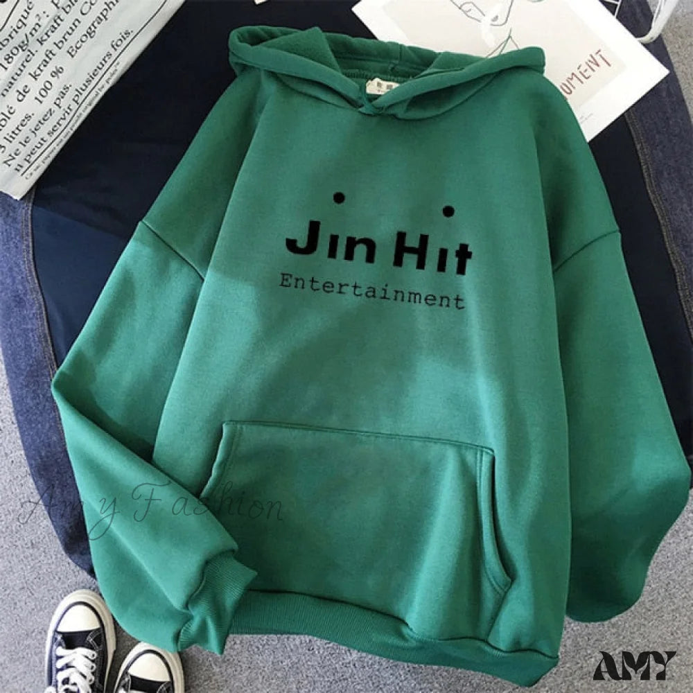 Amy Fashion - Kawaii Letter Long Sleeve Pullover Oversized Hoodie Dark-Green / Xs