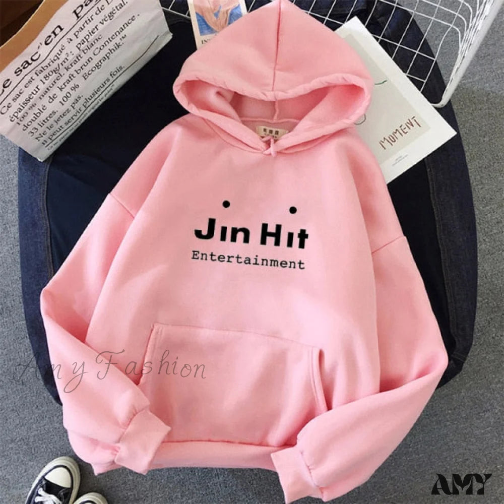 Amy Fashion - Kawaii Letter Long Sleeve Pullover Oversized Hoodie Pink / Xs