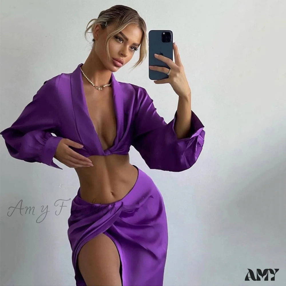 Amy Fashion - Kesiachiccly Satin 2 Piece Set Purple / L