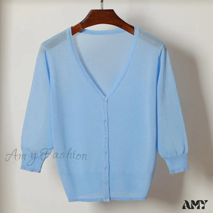 Amy Fashion - Knitted 3/4 Sleeve V-Neck Solid Casual Woman Cardigan Sweater