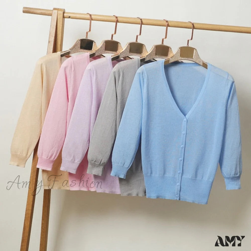 Amy Fashion - Knitted 3/4 Sleeve V-Neck Solid Casual Woman Cardigan Sweater