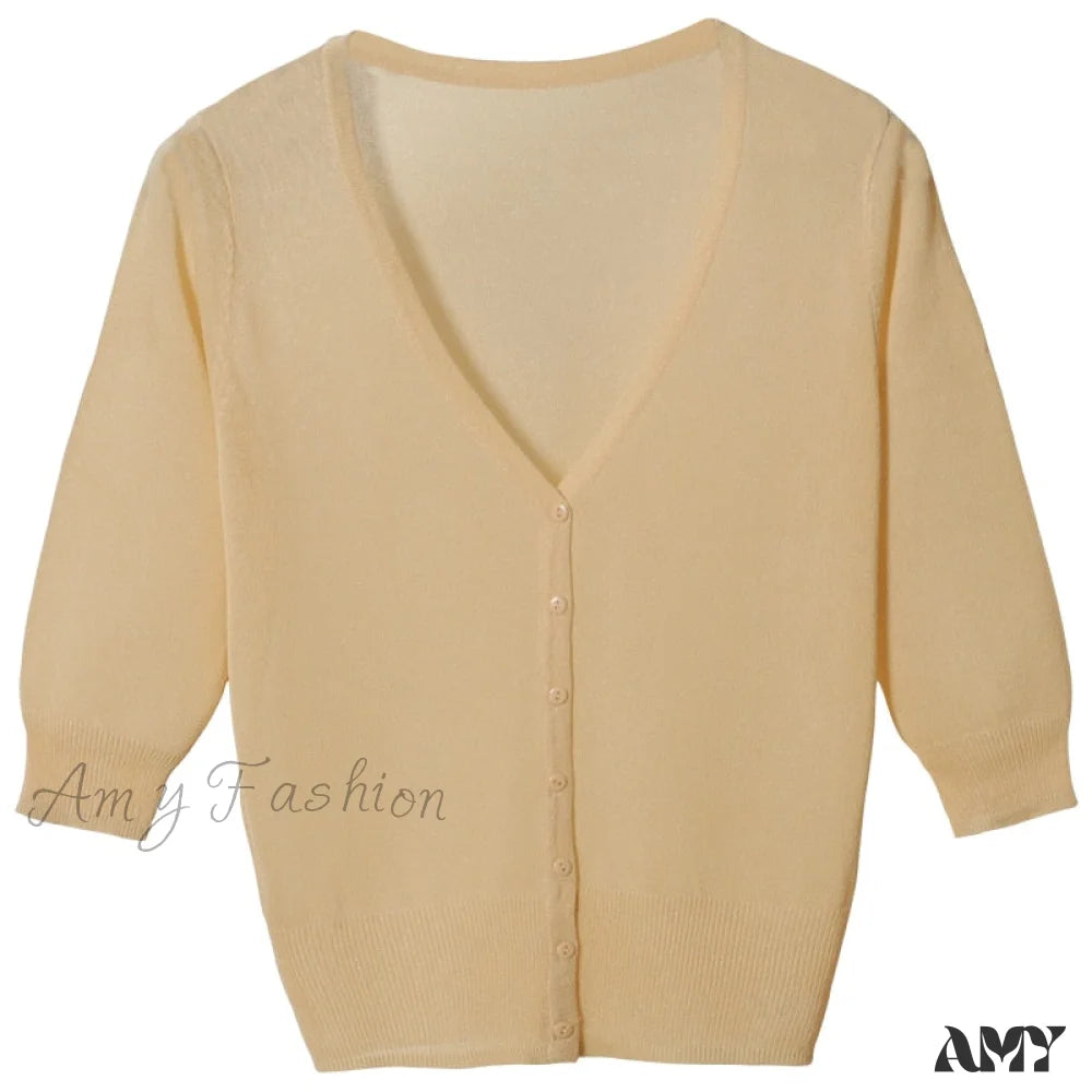 Amy Fashion - Knitted 3/4 Sleeve V-Neck Solid Casual Woman Cardigan Sweater