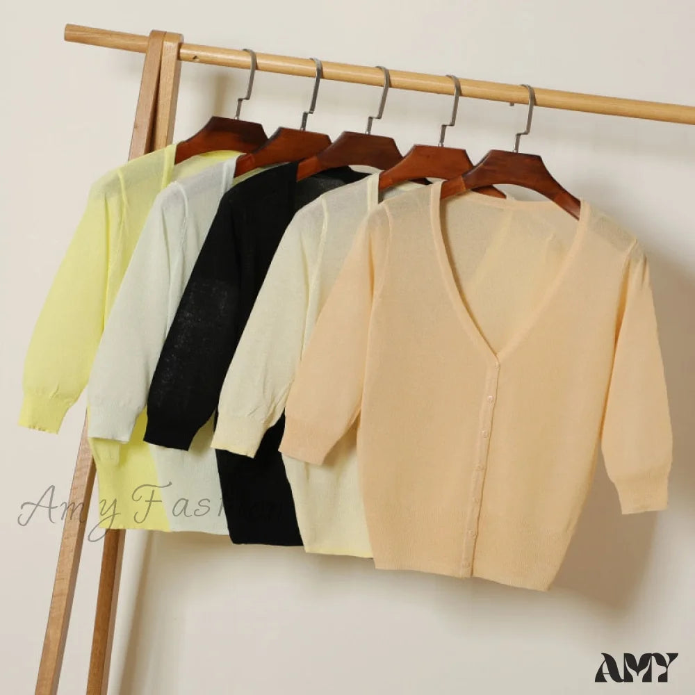 Amy Fashion - Knitted 3/4 Sleeve V-Neck Solid Casual Woman Cardigan Sweater