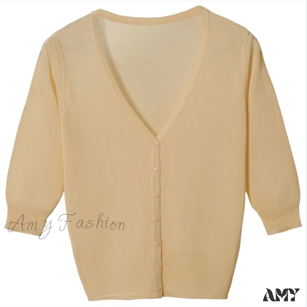 Amy Fashion - Knitted 3/4 Sleeve V-Neck Solid Casual Woman Cardigan Sweater Apricot / M