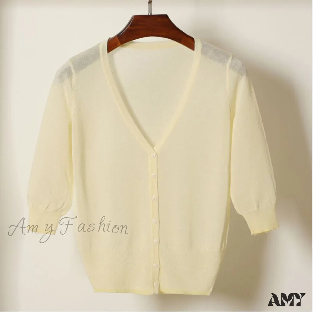 Amy Fashion - Knitted 3/4 Sleeve V-Neck Solid Casual Woman Cardigan Sweater Beige Yellow / M