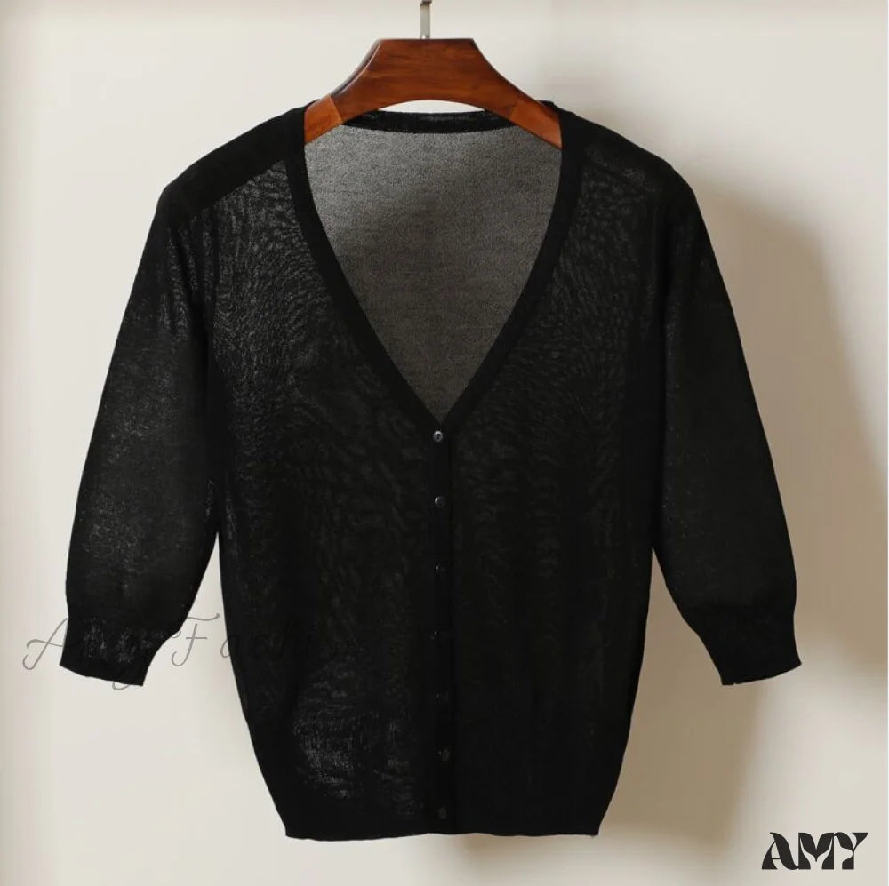 Amy Fashion - Knitted 3/4 Sleeve V-Neck Solid Casual Woman Cardigan Sweater Black / M