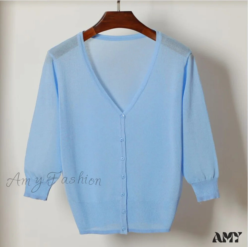 Amy Fashion - Knitted 3/4 Sleeve V-Neck Solid Casual Woman Cardigan Sweater Blue / M