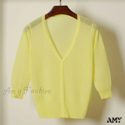 Amy Fashion - Knitted 3/4 Sleeve V-Neck Solid Casual Woman Cardigan Sweater Light Yellow / M