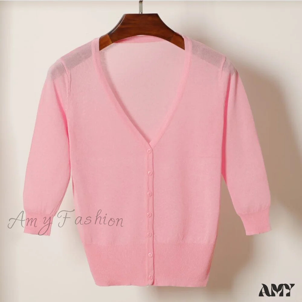 Amy Fashion - Knitted 3/4 Sleeve V-Neck Solid Casual Woman Cardigan Sweater Pink / M