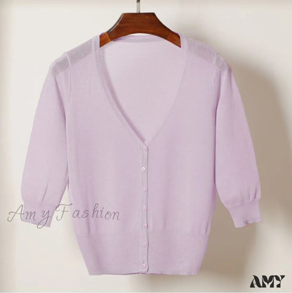 Amy Fashion - Knitted 3/4 Sleeve V-Neck Solid Casual Woman Cardigan Sweater Purple / M