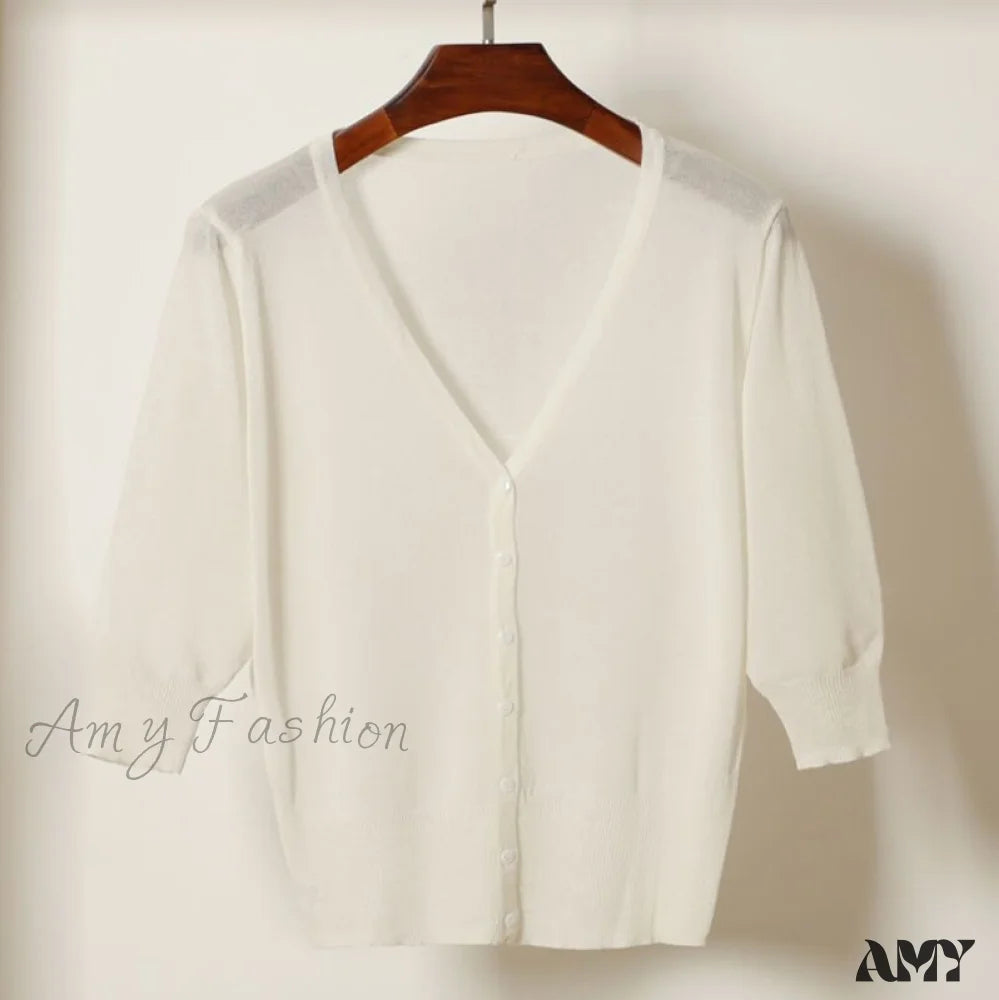 Amy Fashion - Knitted 3/4 Sleeve V-Neck Solid Casual Woman Cardigan Sweater White / M