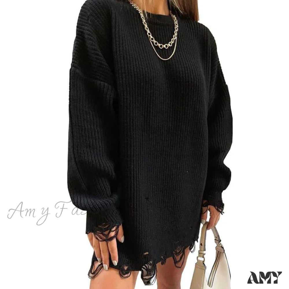 Amy Fashion - Knitted Casual O Neck Long Sleeve Sweater 01 Black / S